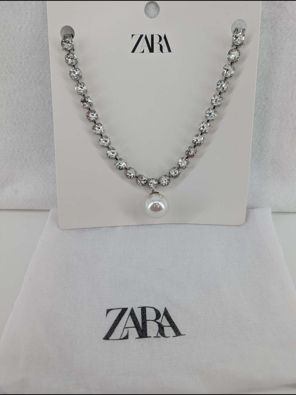 ZARA Silver Crystal Necklace with Pearl Drop